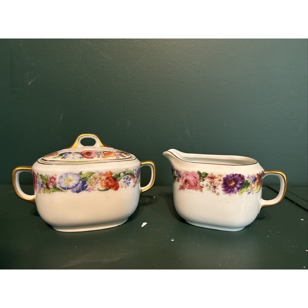 Vintage 1930s Epiag Aich Czechoslovakia Floral Rare Pattern Creamer and Sugar
